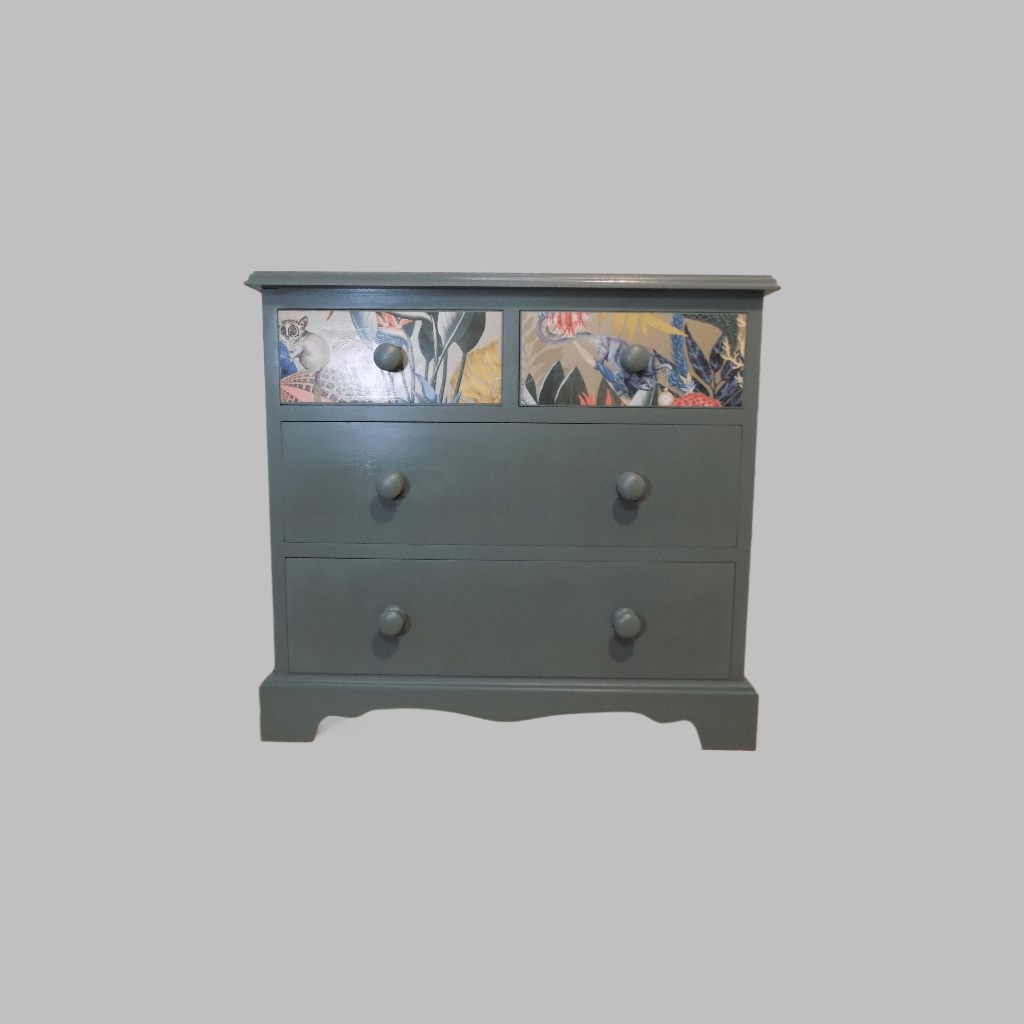 Pine Dresser in Serenity green with wonderland print