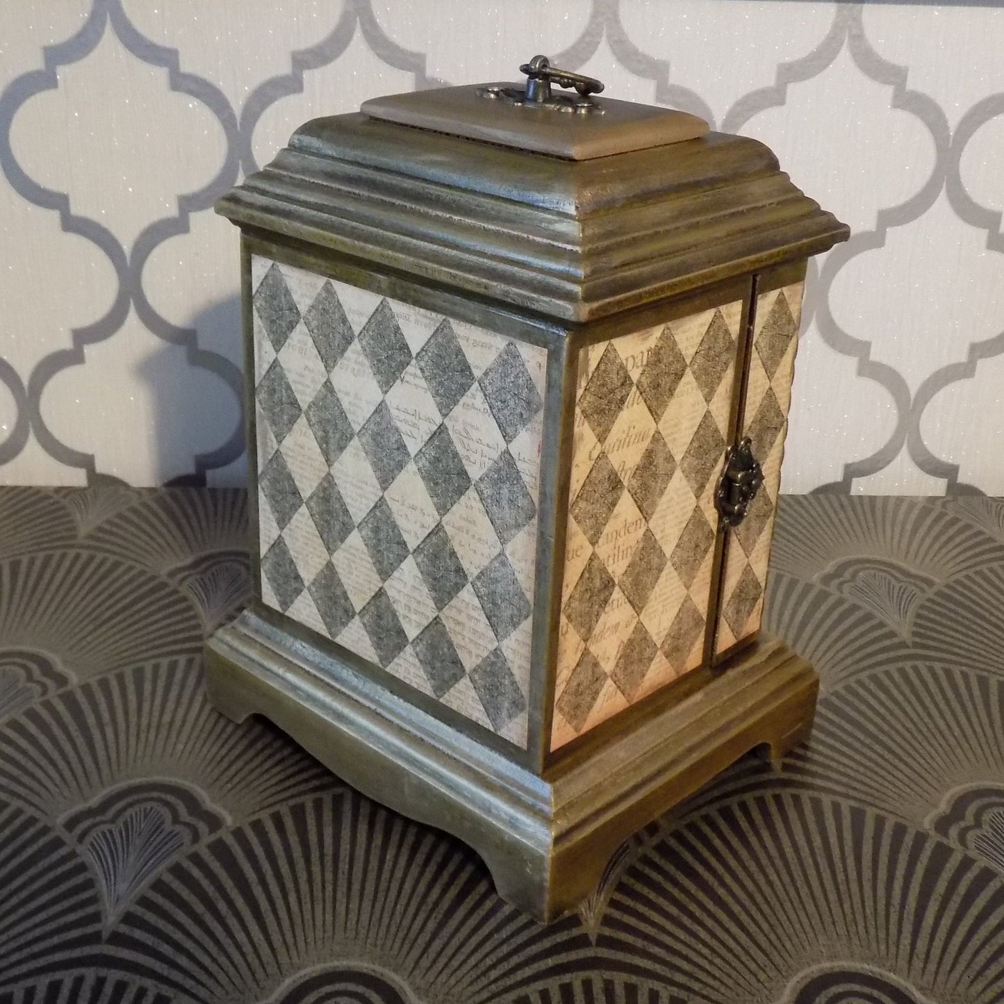 Harlequin Mantel Clock with Hidden Drawers