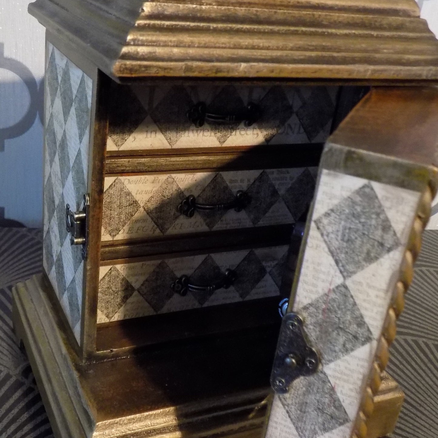 Harlequin Mantel Clock with Hidden Drawers