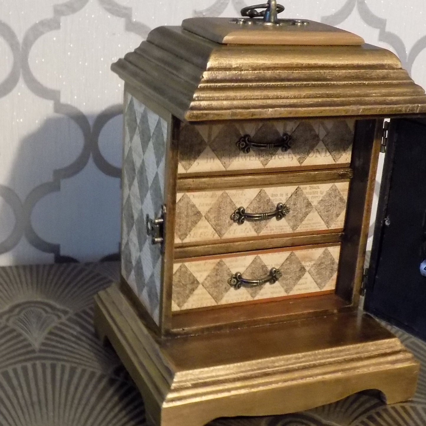 Harlequin Mantel Clock with Hidden Drawers