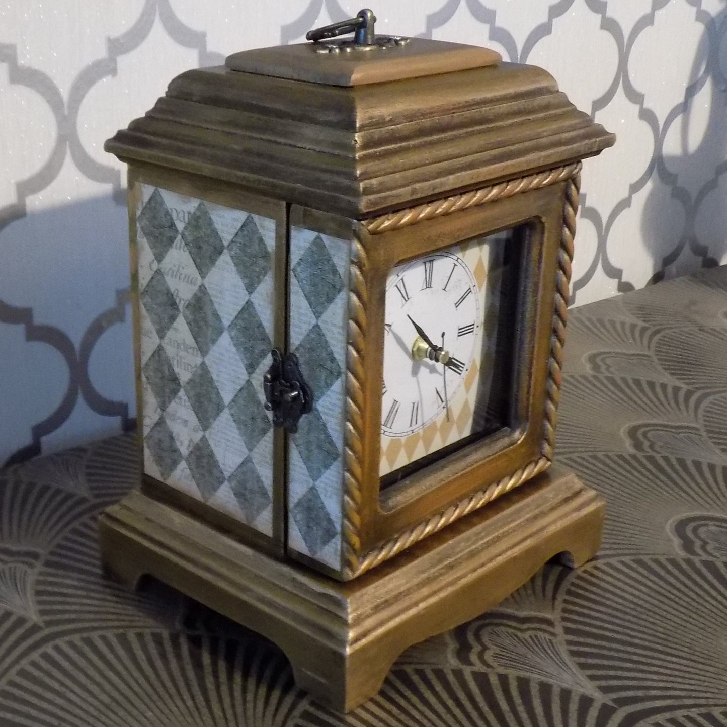 Harlequin Mantel Clock with Hidden Drawers