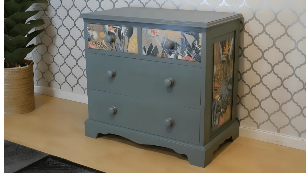 Pine Dresser in Serenity green with wonderland print