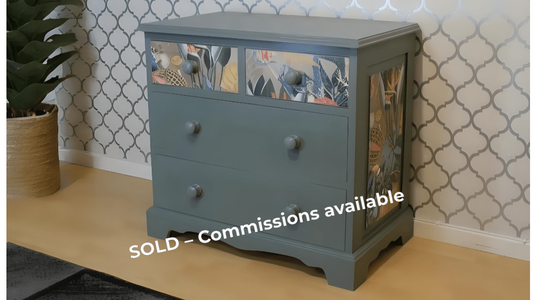 Pine Dresser in Serenity green with wonderland print