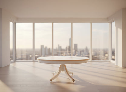 White dining table with wooden trim in a room with patterned wallpaper and furniture.