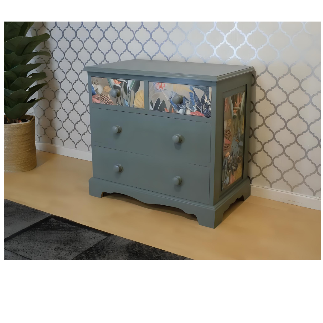 Pine Dresser in Serenity green with wonderland print